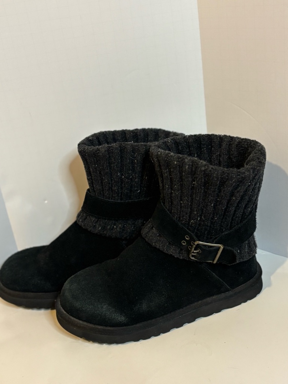 UGG Black Suede Knit-Cuff Boots with Buckle Accent